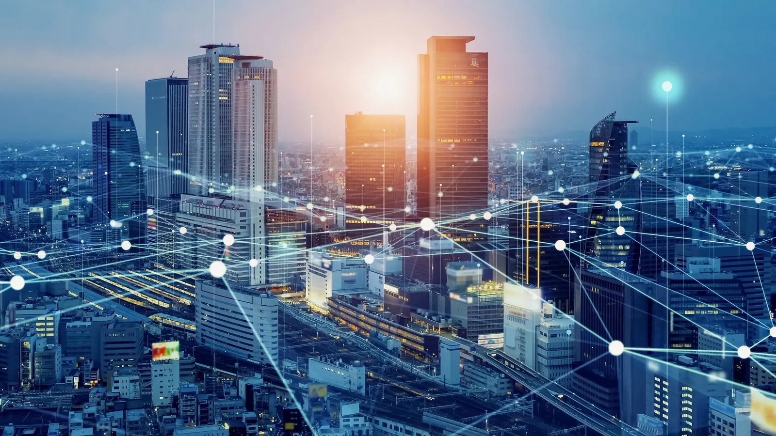 City landscape with monitoring overlay graphics